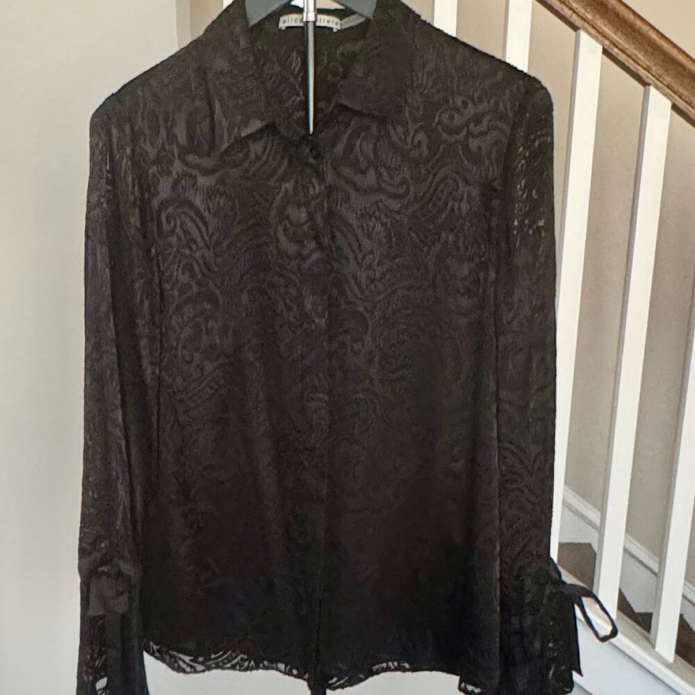 Alice and Olivia Elevated Black Damask Blouse - Silk & Viscose Shell - Size L - Picture 3 of 6